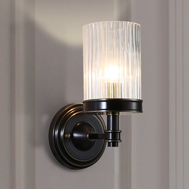 Skørter | Cylinder Wall Lamp Vintage Stylish Clear Ribbed Glass 1 Lamp Black/Gold Finish Wall Lamp Attachment for Living Room
