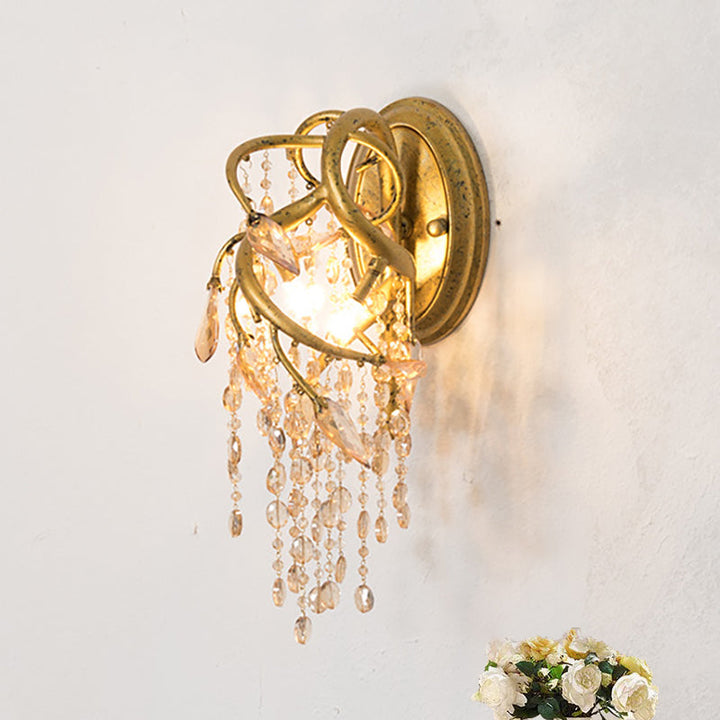 Lisslune | Branching Wall-Mounted Lighting Vintage Metal 1 Bulb Brass Finish Wall Light with Amber Crystal Bead Accent