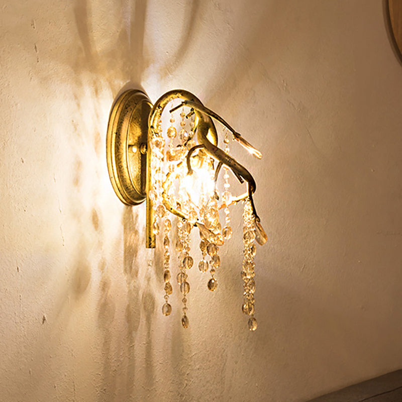 Lisslune | Branching Wall-Mounted Lighting Vintage Metal 1 Bulb Brass Finish Wall Light with Amber Crystal Bead Accent