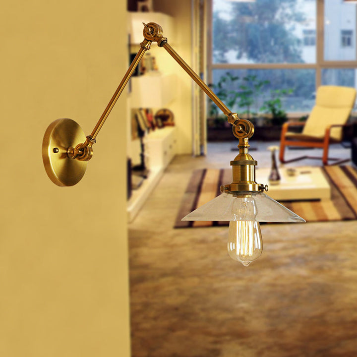 Lisslune | Brass Cone Wall Lighting Country House Amber Glass 1 Light Living Room Wall Lamp Fixture
