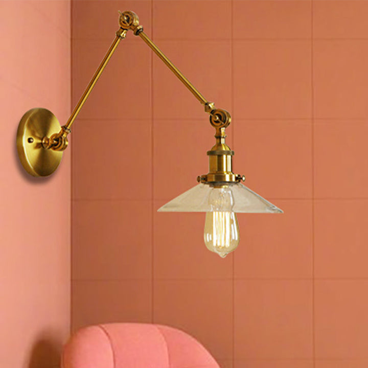 Lisslune | Brass Cone Wall Lighting Country House Amber Glass 1 Light Living Room Wall Lamp Fixture