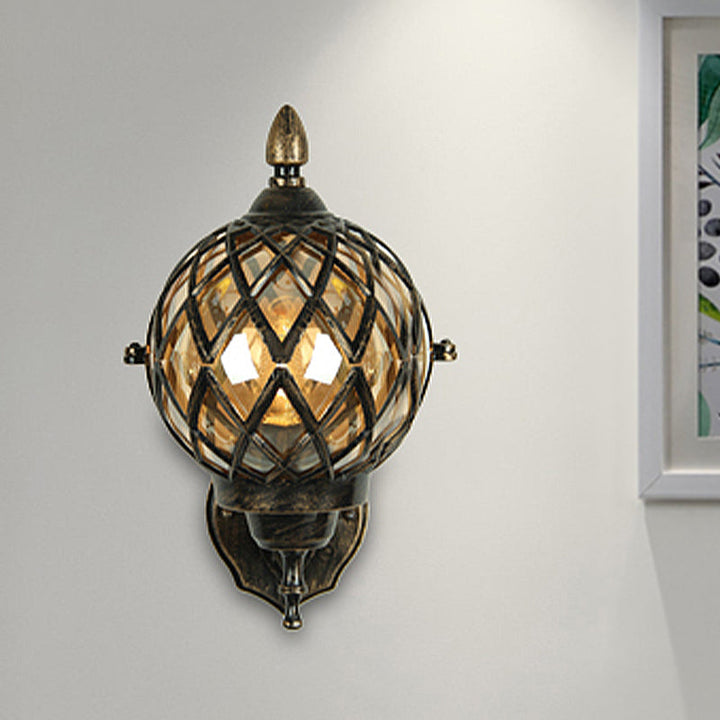 Lisslune | 1 Light Amber Glass Wall Lamp Light Industrial Black Ball Dining Room Lighting Fixture with Cage