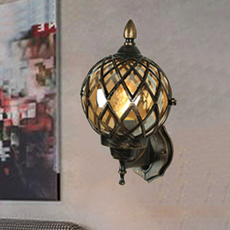Lisslune | 1 Light Amber Glass Wall Lamp Light Industrial Black Ball Dining Room Lighting Fixture with Cage