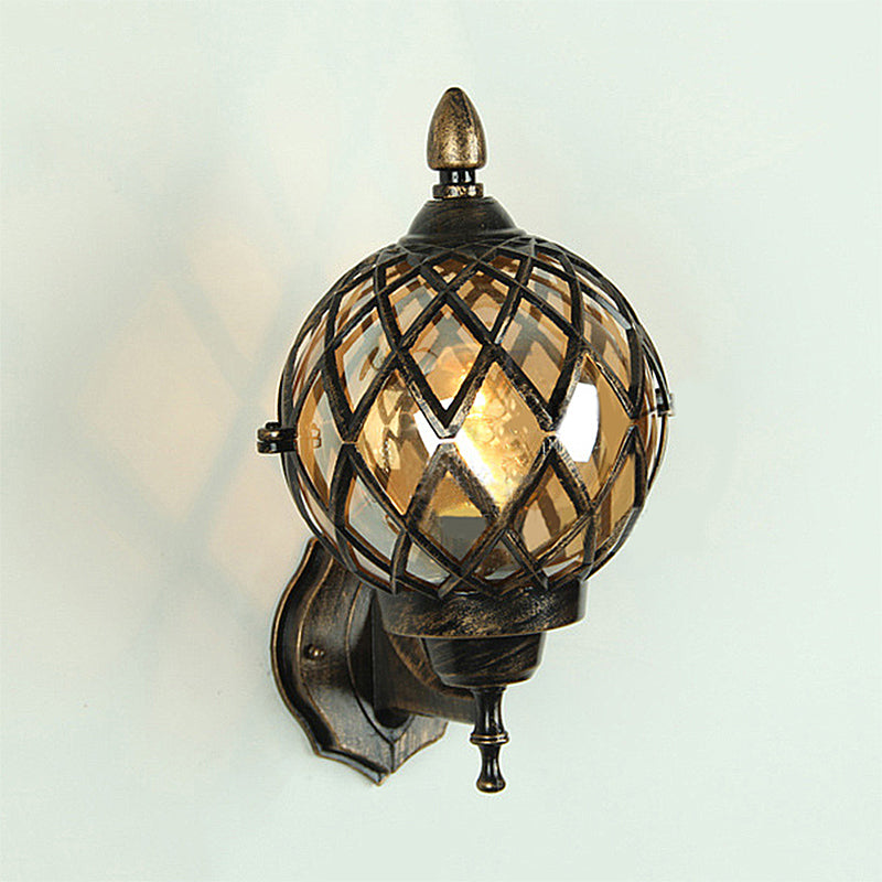 Lisslune | 1 Light Amber Glass Wall Lamp Light Industrial Black Ball Dining Room Lighting Fixture with Cage