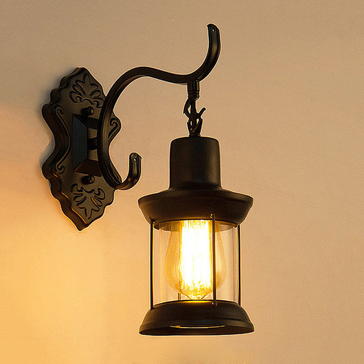 Lisslune | Lantern Clear Glass Wall Mounted Lamp Vintage Single Bulb Outdoor Wall Light in Black with Carved Pattern