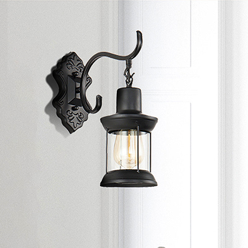Lisslune | Lantern Clear Glass Wall Mounted Lamp Vintage Single Bulb Outdoor Wall Light in Black with Carved Pattern