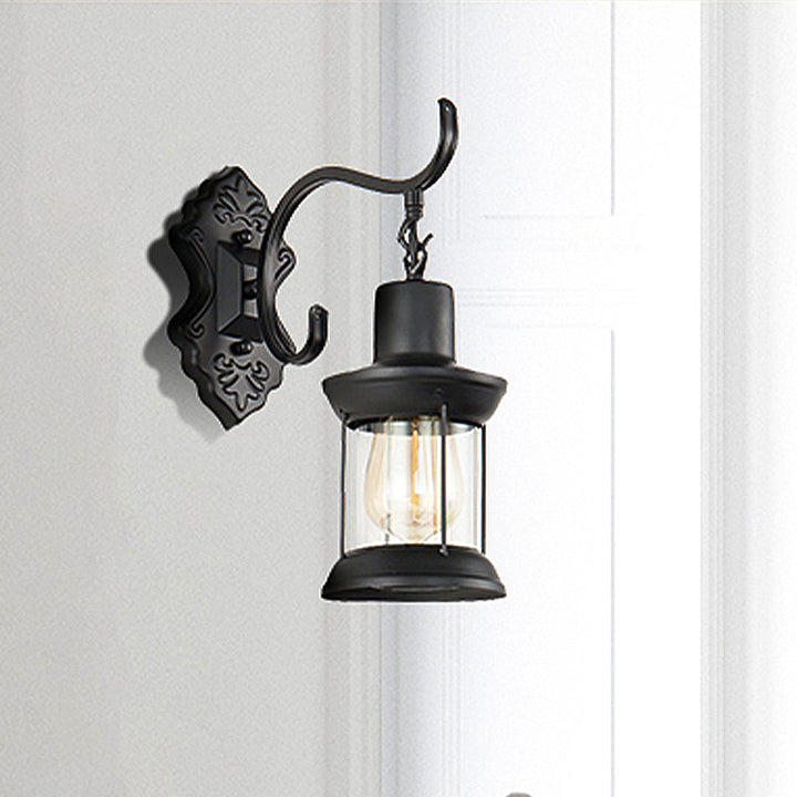 Lisslune | Lantern Clear Glass Wall Mounted Lamp Vintage Single Bulb Outdoor Wall Light in Black with Carved Pattern