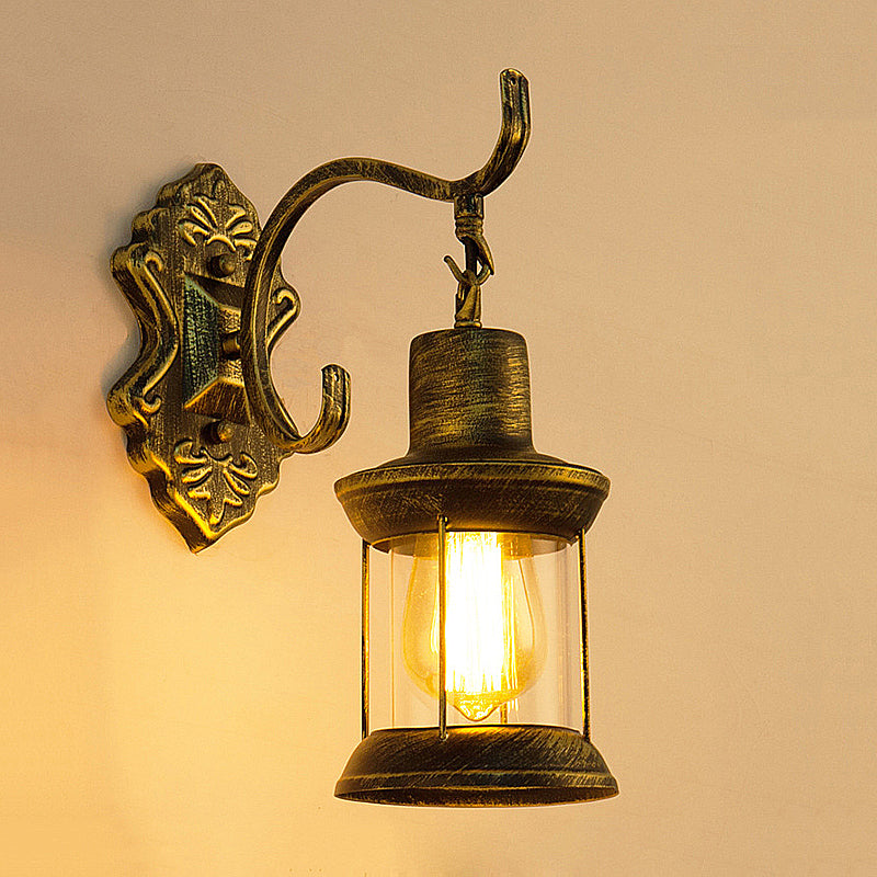 Lisslune | 1 Light Bulb Kerosene Wall Mounted Light Rustic Style Aged Bronze Clear Glass Lighting with Engraved Pattern