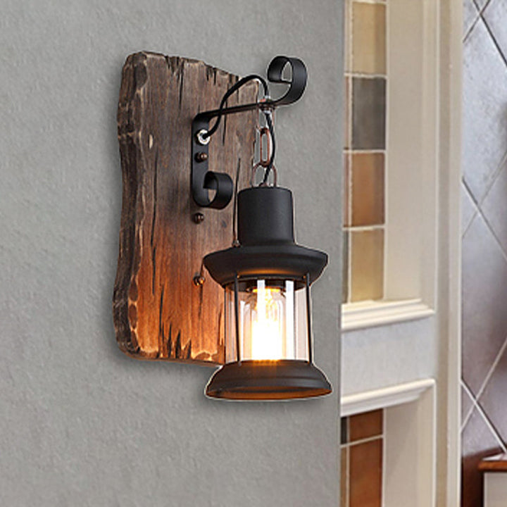 Lisslune | Black One-Light Wall Sconce Rustic Clear Glass with Grid Lighting and Wood Back Panel