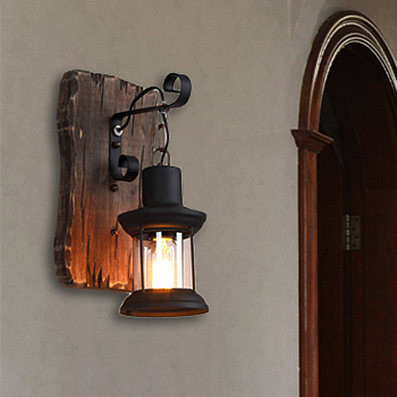 Lisslune | Black One-Light Wall Sconce Rustic Clear Glass with Grid Lighting and Wood Back Panel