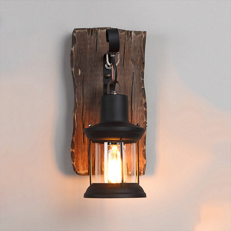 Lisslune | Black One-Light Wall Sconce Rustic Clear Glass with Grid Lighting and Wood Back Panel