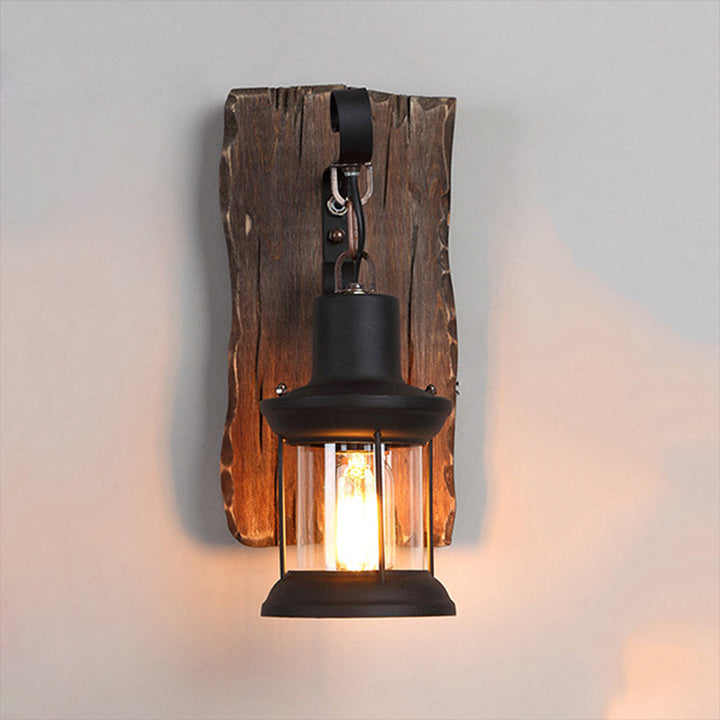 Lisslune | Black One-Light Wall Sconce Rustic Clear Glass with Grid Lighting and Wood Back Panel