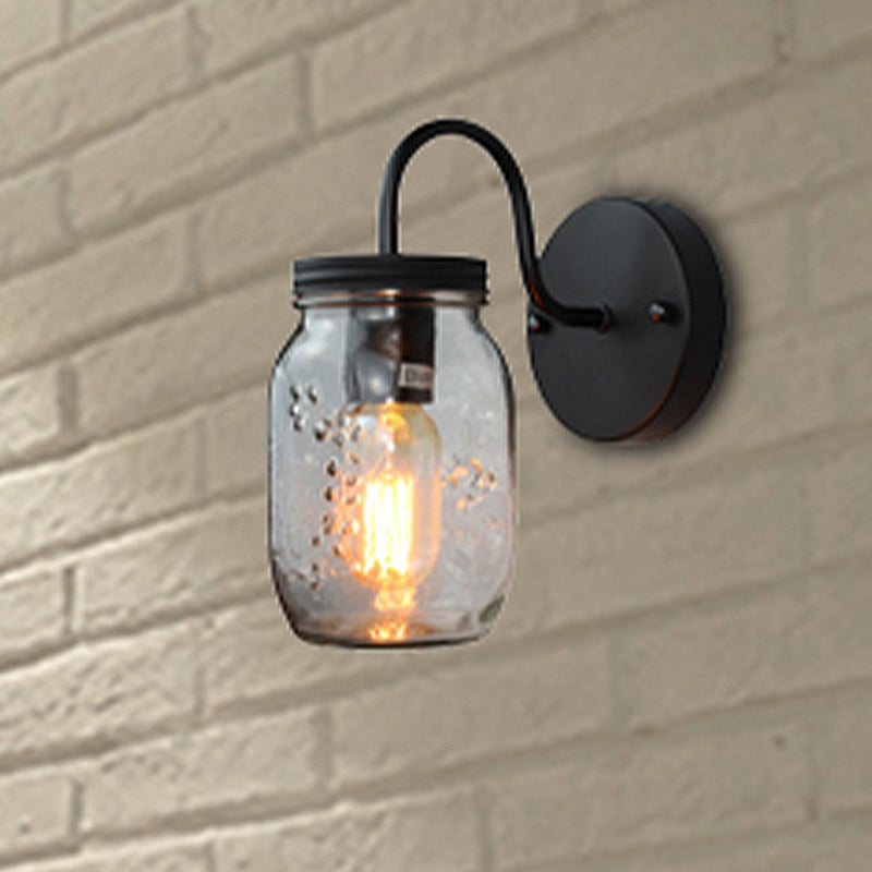 Lisslune | Black Jar Shade Wall Lighting Industrial Clear Glass 1 Light Bedroom Wall Lamp with Floral Pattern