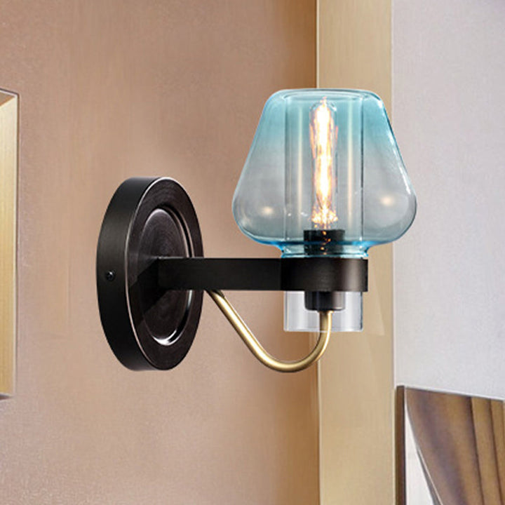 Lisslune | Tapered Shade Bedroom Wall Light Modern Blue Glass 1 Light Black Wall Lamp