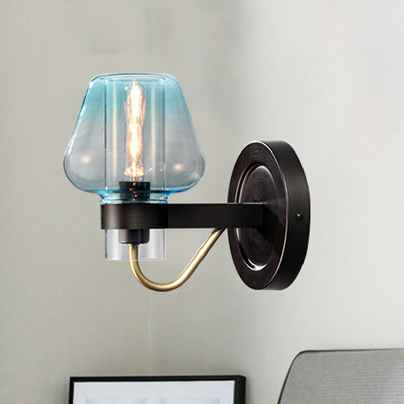 Lisslune | Tapered Shade Bedroom Wall Light Modern Blue Glass 1 Light Black Wall Lamp