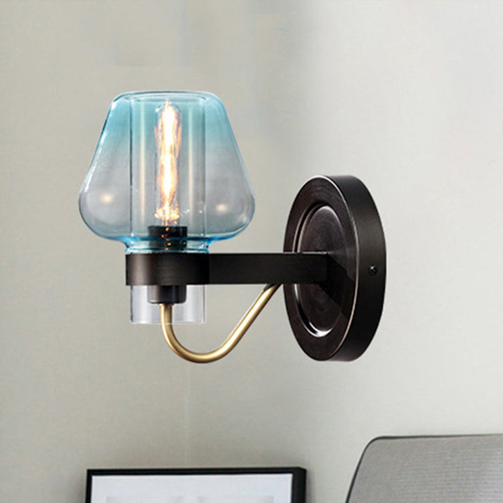 Lisslune | Tapered Shade Bedroom Wall Light Modern Blue Glass 1 Light Black Wall Lamp