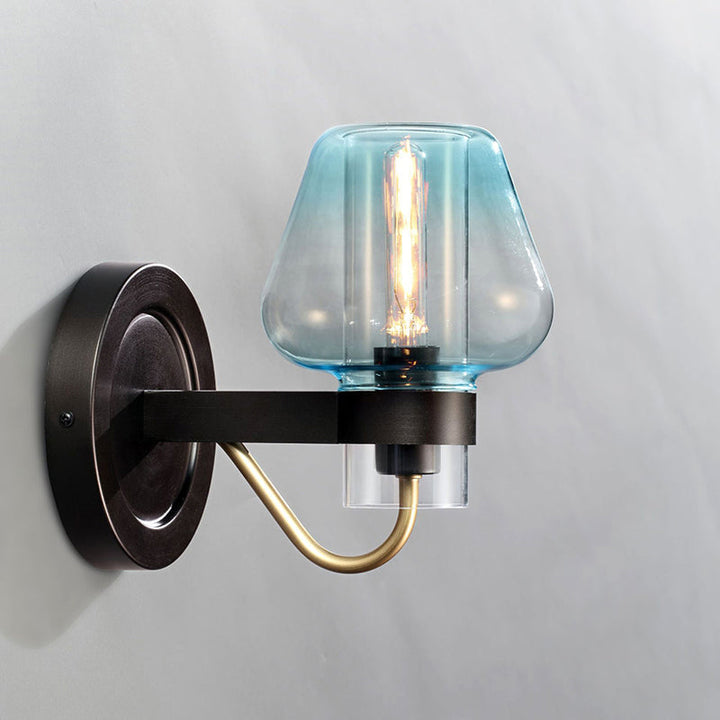 Lisslune | Tapered Shade Bedroom Wall Light Modern Blue Glass 1 Light Black Wall Lamp