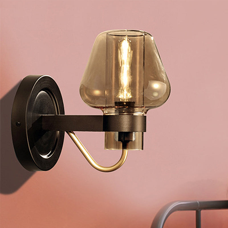 Lisslune | 1 Light Amber Glass Wall Lamp Modern Black Mushroom Bedroom Lighting