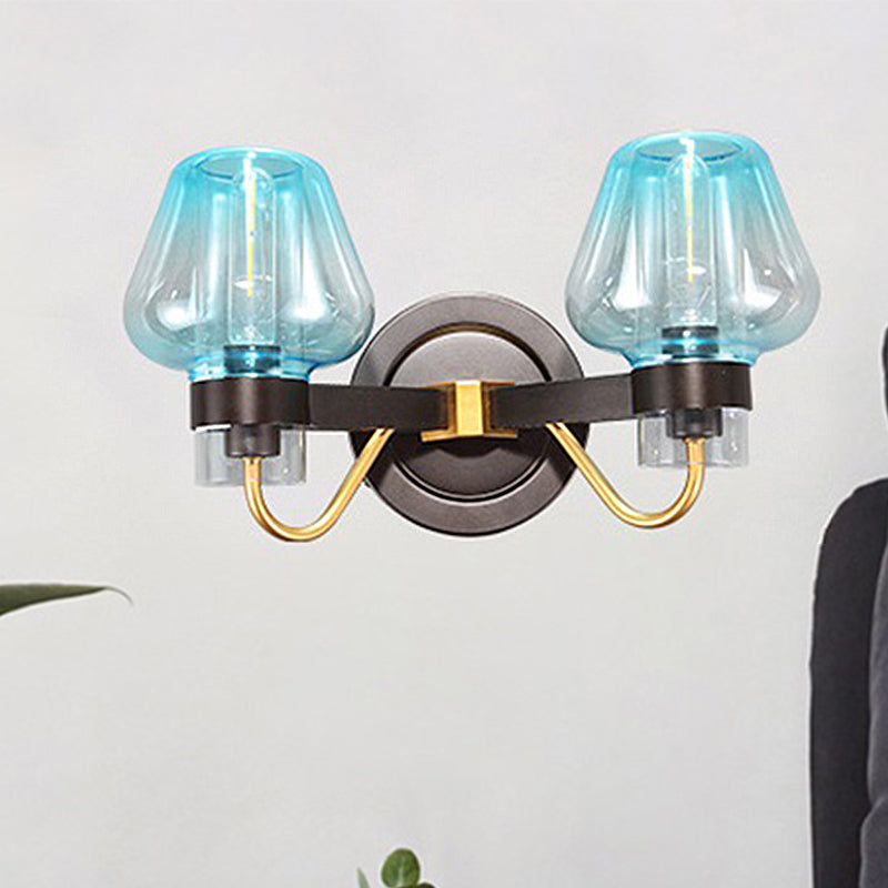 Lisslune | Mushroom Blue Glass Wall Lamp Modern 2 Bulbs Bedroom Wall Light Light in Black