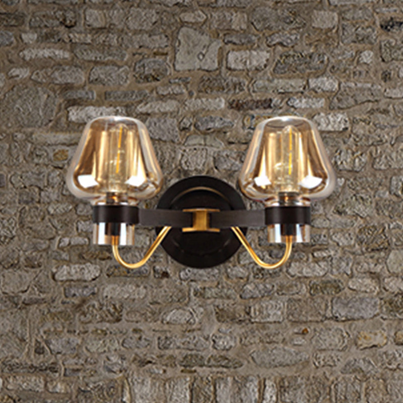 Lisslune | 2-Lamp Mushroom Wall Light Modern Black Amber Glass Wall Lamp for Living Room