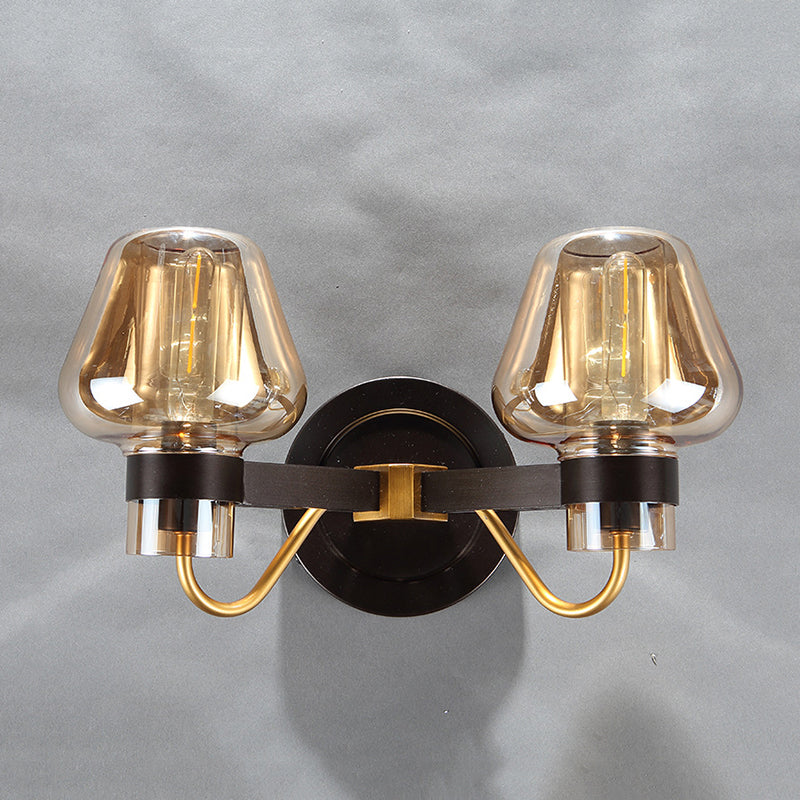 Lisslune | 2-Lamp Mushroom Wall Light Modern Black Amber Glass Wall Lamp for Living Room
