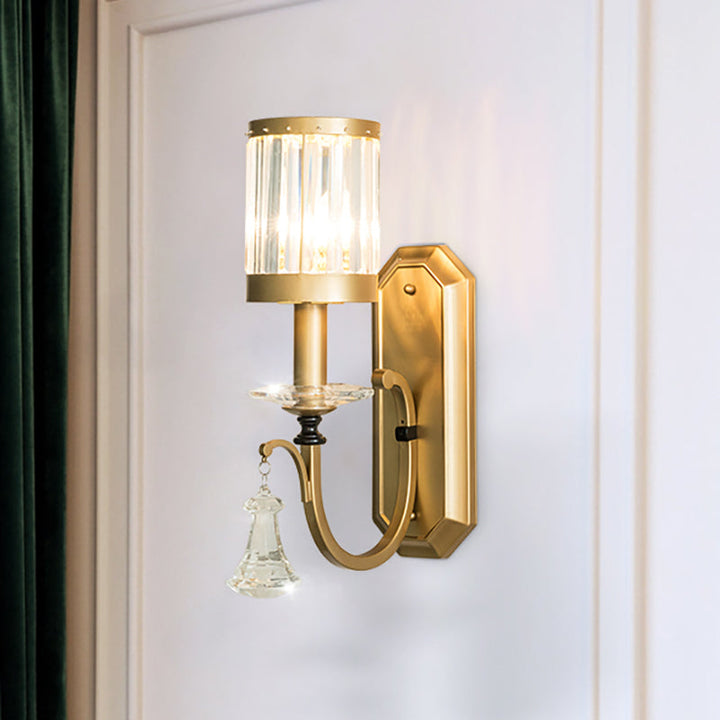 Lisslune | Cylinder Wall Light Modernism Prism Crystal 1 Light Brass Wall Mount Light for the Living Room