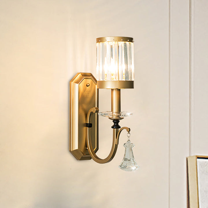 Lisslune | Cylinder Wall Light Modernism Prism Crystal 1 Light Brass Wall Mount Light for the Living Room