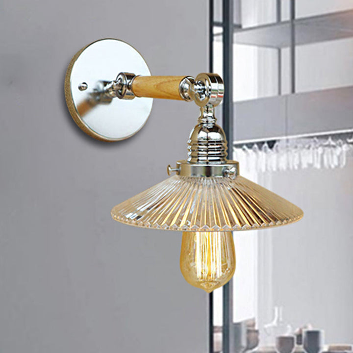Lisslune | 1 Light Clear Ribbed Glass Wall Sconce Light Industrial Chrome Cone Living Room Lighting Fixture, 8"/4"/6" Width Wood Arm