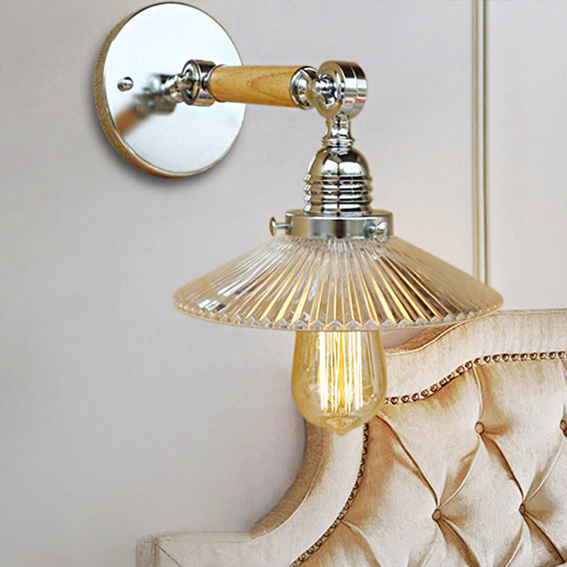 Lisslune | 1 Light Clear Ribbed Glass Wall Sconce Light Industrial Chrome Cone Living Room Lighting Fixture, 8"/4"/6" Width Wood Arm
