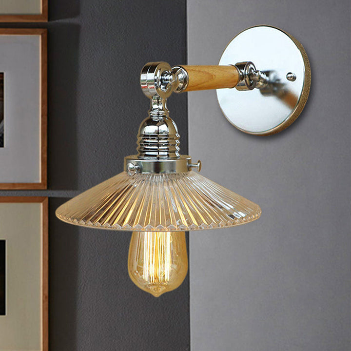 Lisslune | 1 Light Clear Ribbed Glass Wall Sconce Light Industrial Chrome Cone Living Room Lighting Fixture, 8"/4"/6" Width Wood Arm