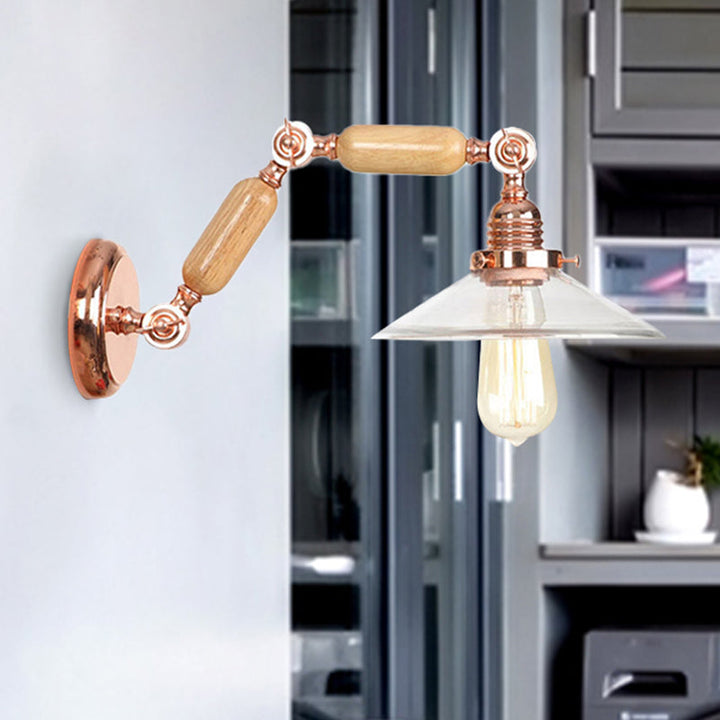 Lisslune | Clear Glass Wood Wall Light Cone 1-Light Industrial Wall Lamp with Extendable Arm