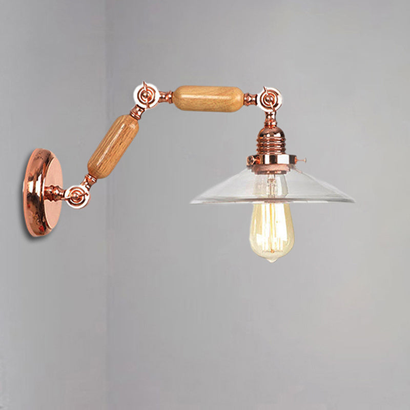 Lisslune | Clear Glass Wood Wall Light Cone 1-Light Industrial Wall Lamp with Extendable Arm