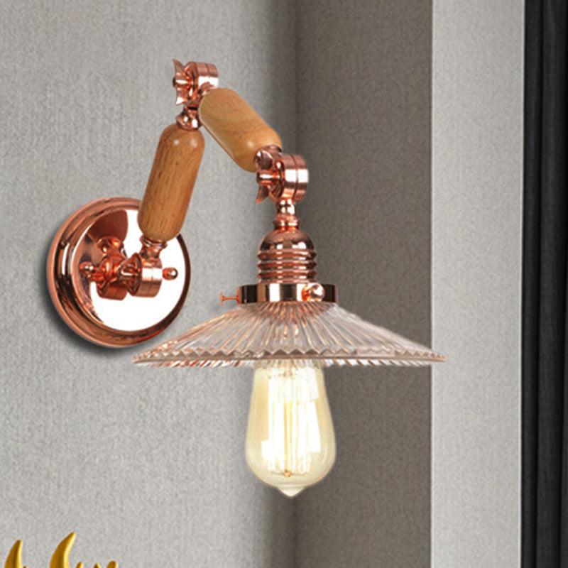 Lisslune | A wall light with a light bulb and conical shade made of clear prismatic glass, industrial wall lamp for the living room with curved arm