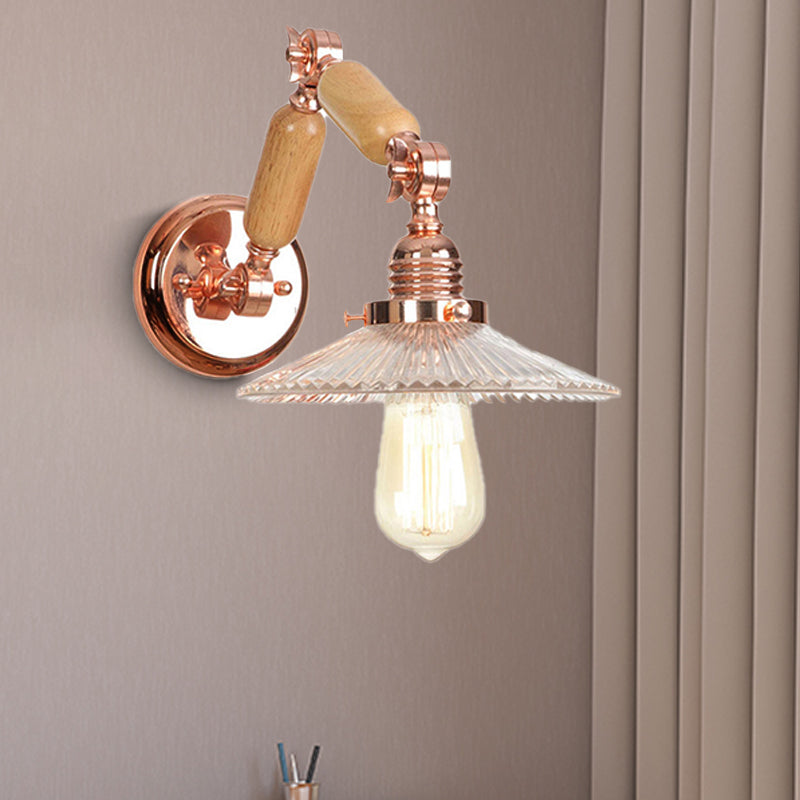 Lisslune | A wall light with a light bulb and conical shade made of clear prismatic glass, industrial wall lamp for the living room with curved arm