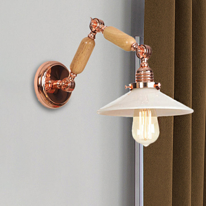 Lisslune | White glass conical wall lamp industrial 1 light living room lighting fixture with retractable arm