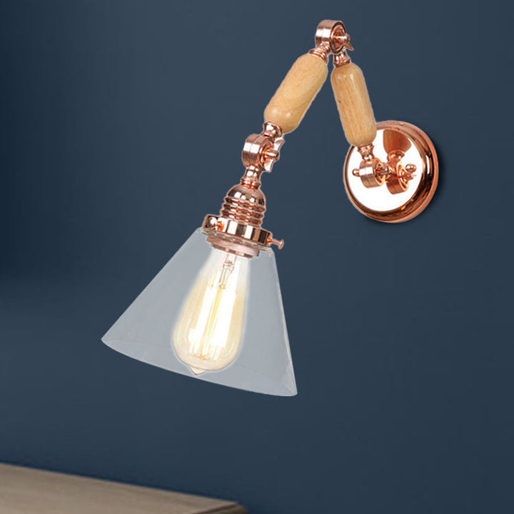 Lisslune | Cone Shade Bedroom Wall Lamp Vintage Clear Glass 1 Light Wooden Wall Lamp with Long Arm