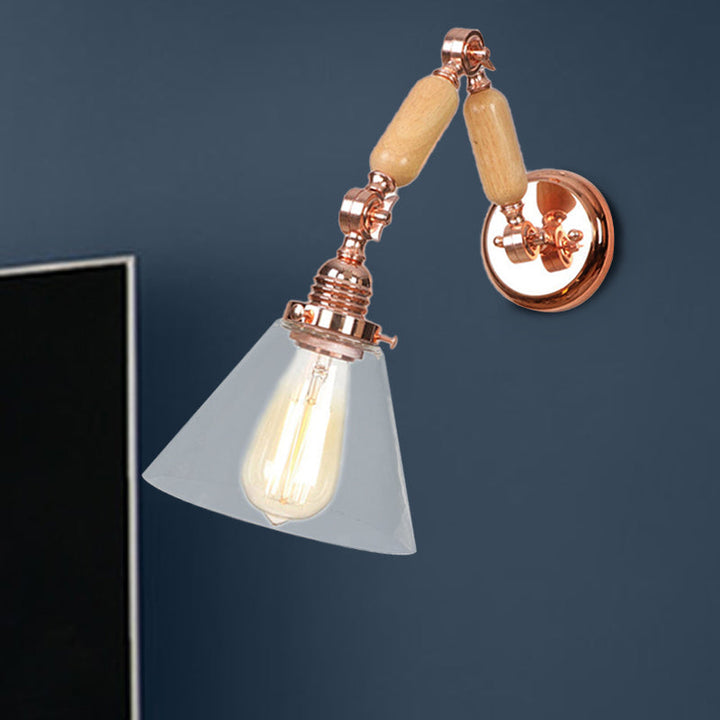Lisslune | Cone Shade Bedroom Wall Lamp Vintage Clear Glass 1 Light Wooden Wall Lamp with Long Arm