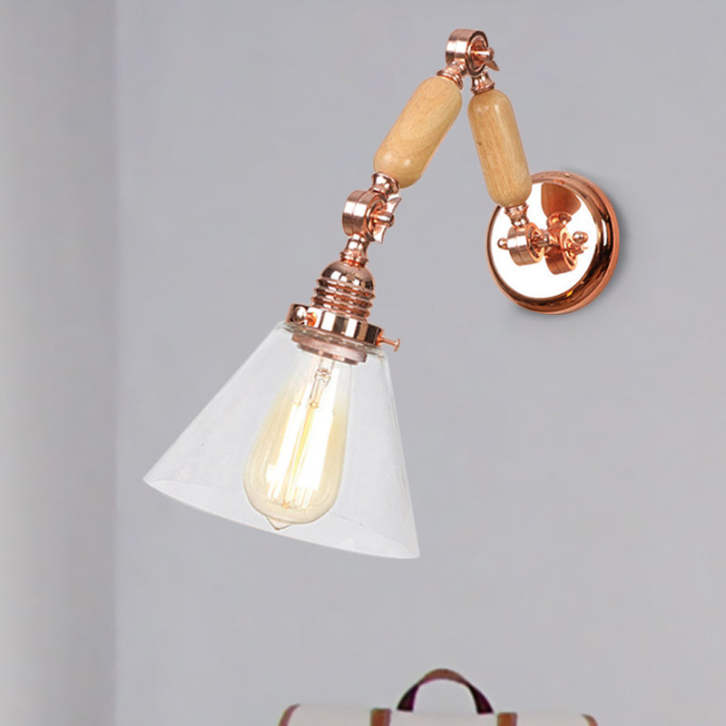 Lisslune | Cone Shade Bedroom Wall Lamp Vintage Clear Glass 1 Light Wooden Wall Lamp with Long Arm