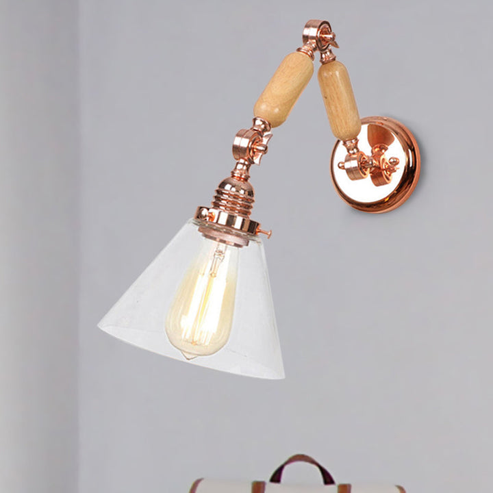 Lisslune | Cone Shade Bedroom Wall Lamp Vintage Clear Glass 1 Light Wooden Wall Lamp with Long Arm