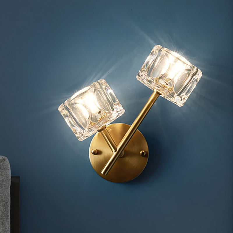 Lisslune | 1/2-Light Bedroom Wall Lighting Contemporary Style Brass Finish with Square Clear Crystal Shade