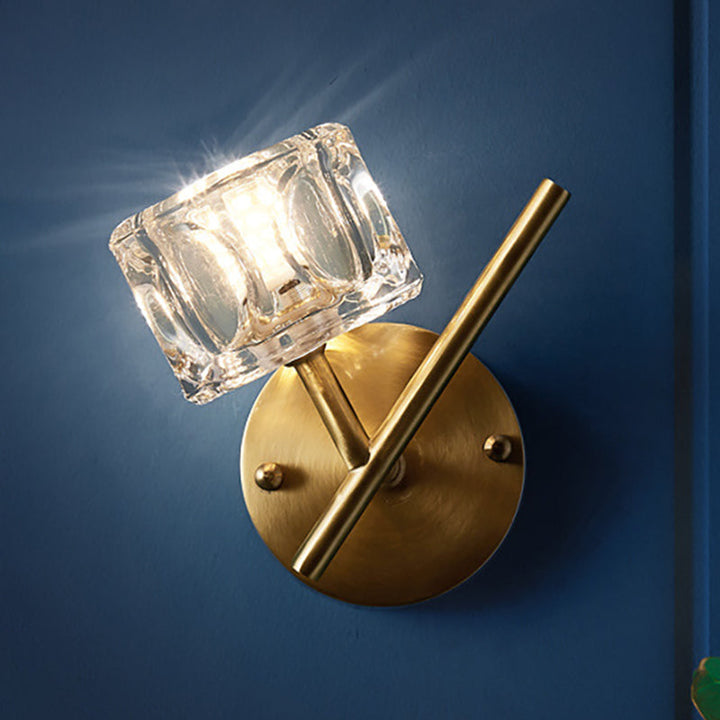 Lisslune | 1/2-Light Bedroom Wall Lighting Contemporary Style Brass Finish with Square Clear Crystal Shade