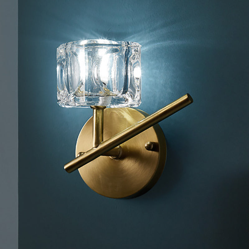 Lisslune | 1/2-Light Bedroom Wall Lighting Contemporary Style Brass Finish with Square Clear Crystal Shade