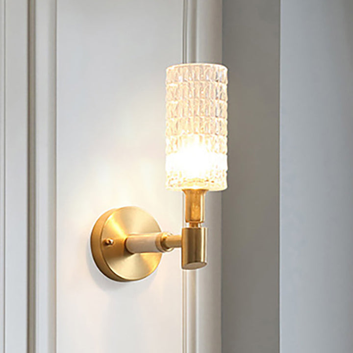 Lisslune | 1 Light Corridor Wall Spotlight Contemporary Style Gold Finish Sconce Lamp with Cylindrical Clear Faceted Glass Shade