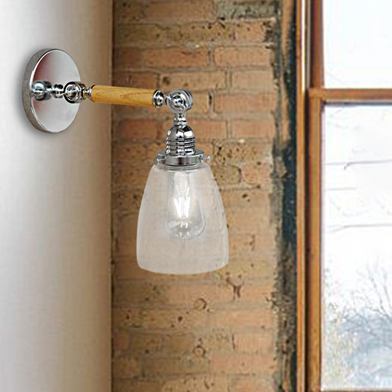 Lisslune | Single-layer wall lamp with dome shade clear glass industrial living room light, 8"/4"/6" L wood arm