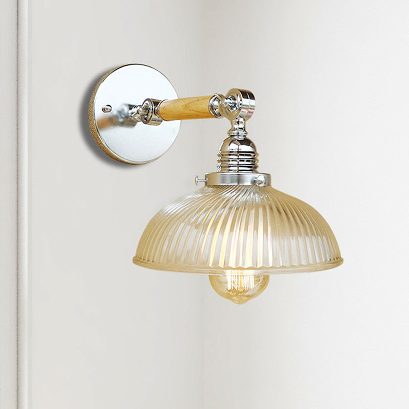 Lisslune | Curved Living Room Wall Light Fixture Antique Stylish Ribbed Glass 1 Light Clear Wall Lamp for Hallway, 8"/4"/6" L Wooden Arm