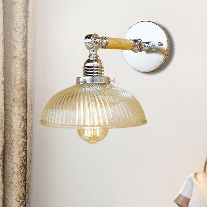 Lisslune | Curved Living Room Wall Light Fixture Antique Stylish Ribbed Glass 1 Light Clear Wall Lamp for Hallway, 8"/4"/6" L Wooden Arm