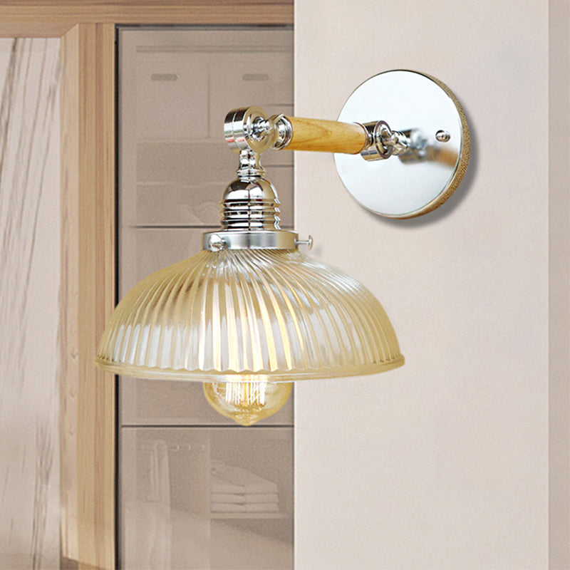 Lisslune | Curved Living Room Wall Light Fixture Antique Stylish Ribbed Glass 1 Light Clear Wall Lamp for Hallway, 8"/4"/6" L Wooden Arm