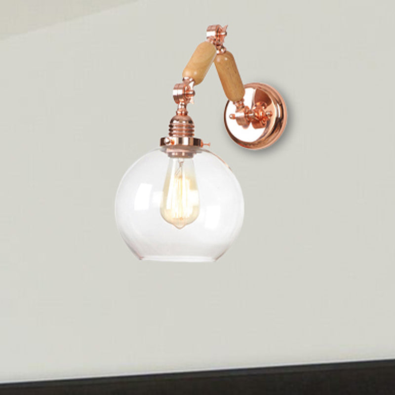 Lisslune | 1 Bulb Globe Wall Mounted Light Fixture Rustic Rose Gold Clear Glass Lighting with Retractable Arm