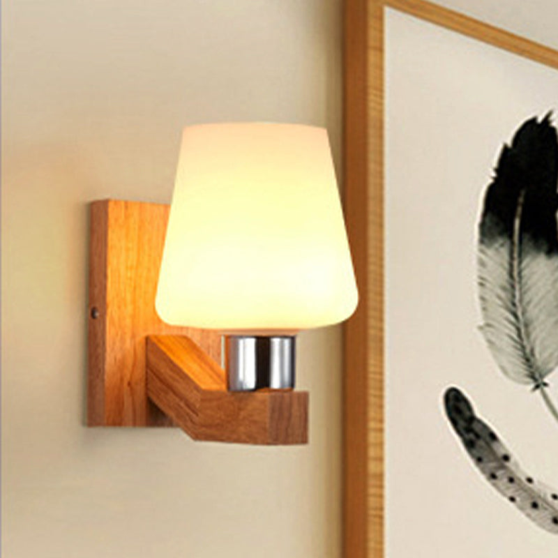 Lisslune | White Glass Wood Wall Lamp Tapered 1-Light Nordic Wall Light for the Living Room