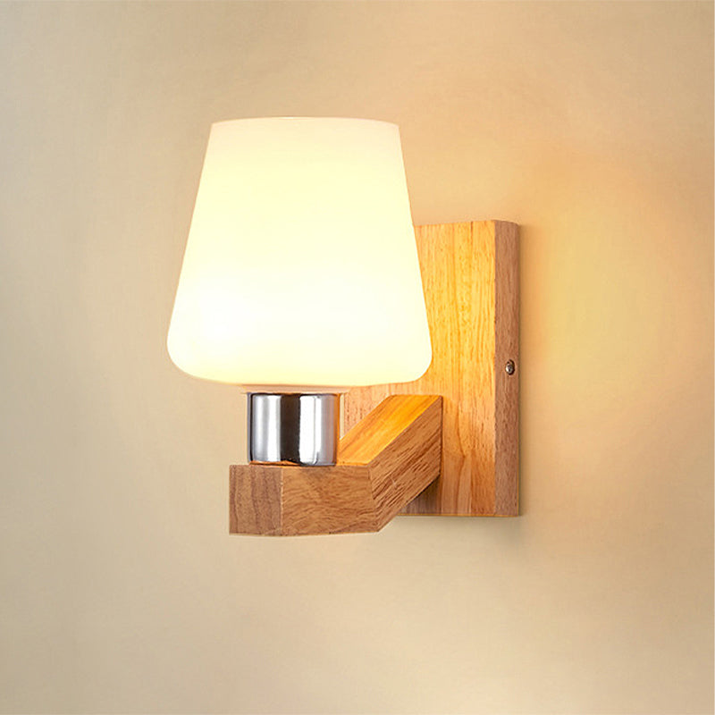 Lisslune | White Glass Wood Wall Lamp Tapered 1-Light Nordic Wall Light for the Living Room